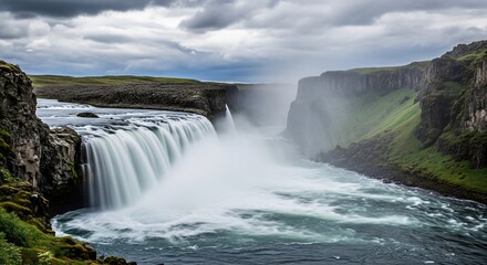 Obraz premium Powerful waterfall cascading into rugged landscape with lush greenery