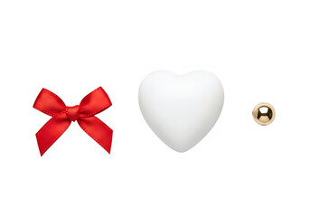 A white heart and a red bow and a gold ball isolated on transparent background