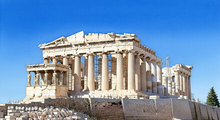 Naklejka premium View of the Parthenon during a storm with bright blue sky quickly turning dark with heavy clouds approaching