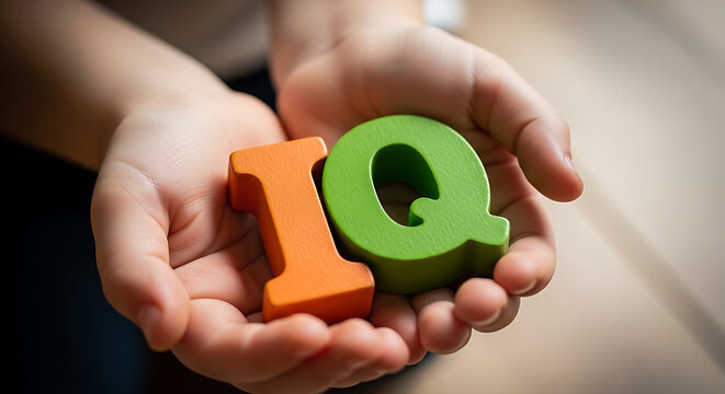 Hands holding wooden letters forming the abbreviation IQ symbolizing intelligence quotient concept closeup