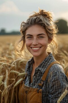 A woman stands in a field of wheat with golden stalks around her. She smiles while wearing a plaid shirt and overalls. The sun sets in the background, creating a warm glow