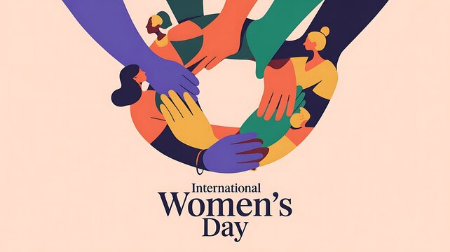 International women&rsquo;s day banner illustration showing diverse women holding hands in a circle representing unity and empowerment