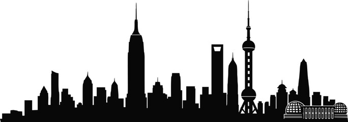 Obraz premium Shanghai skyline silhouette vector illustration, modern cityscape panorama with skyscrapers and Oriental Pearl Tower, black urban architecture isolated on light background