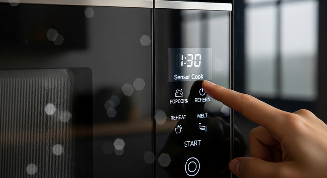 Smart microwave counting down time during cooking sessions in a kitchen with natural light around