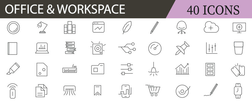 Office and workspace line icons collection. Co-working and Teamwork, business, Desk, computer, briefcase, clock, meeting, team and work related outline icon set collection .