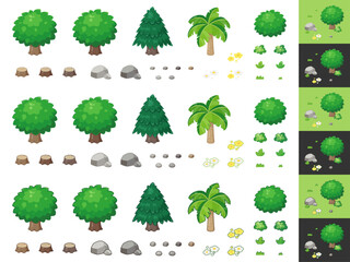 木と雑草と石と花のイラスト素材セット_輪郭線あり無し