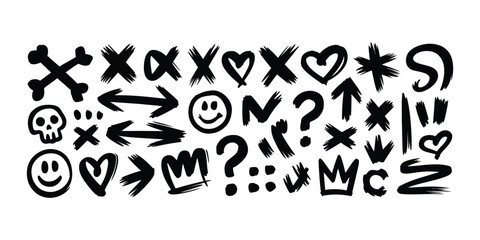 Punk and Graffiti Style Brush Doodle Shapes, Hand Drawn Bold Brush Stars, Arrows, Skulls and Crowns, Street Art Collage Elements, Grunge Rock and Roll Aesthetic Vector Collection