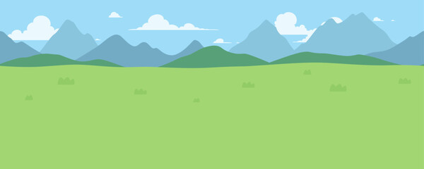 シンプルな草原と山と空の風景イラスト_横スクロールゲームの背景_シームレス