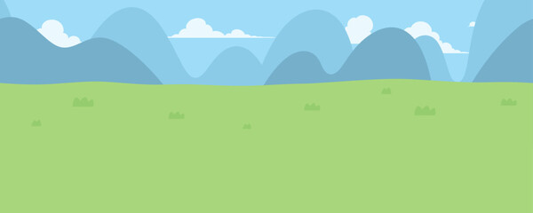 シンプルな草原と山と空の風景イラスト_横スクロールゲームの背景_シームレス