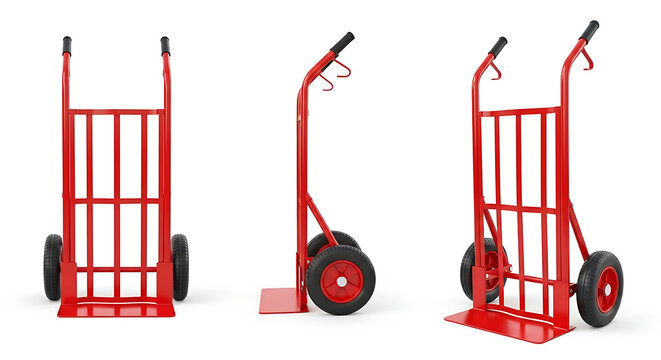 Three red hand trucks with different features and orientations displayed together on a plain white surface from a straightforward viewpoint