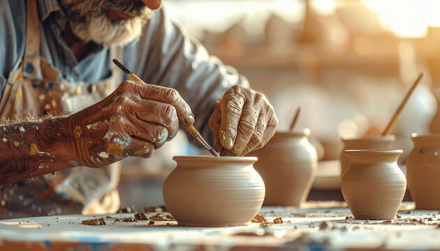 Elderly Artisan Painting Handmade Clay Pots