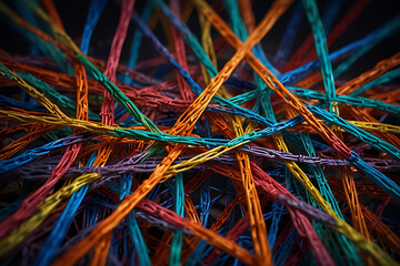 Colorful wires crossing diagonally across entire frame, abstract pattern design