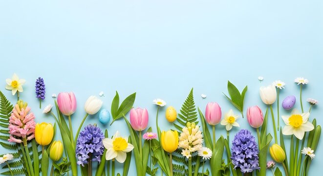 Vibrant spring florals on light blue background
