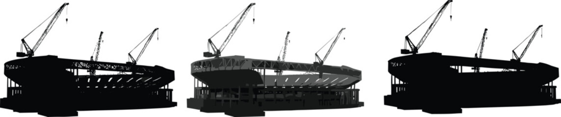 Stadium construction silhouette collection vector illustration, modern arena building site with cranes isolated on white background for architecture and engineering design © MstSanoara