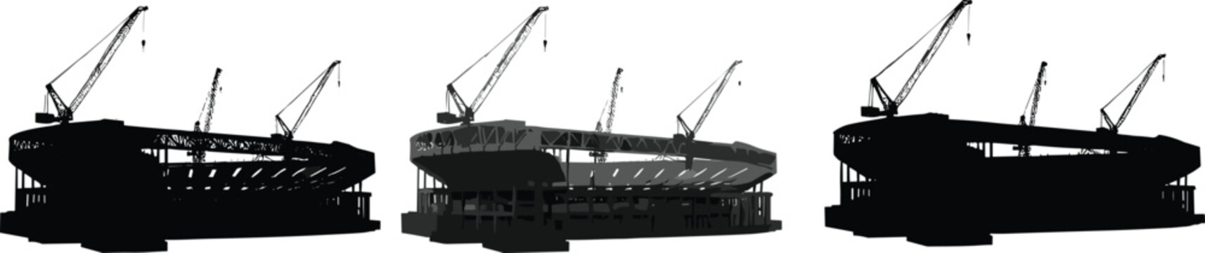 Stadium construction silhouette collection vector illustration, modern arena building site with cranes isolated on white background for architecture and engineering design
