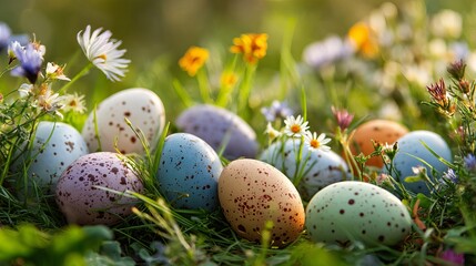 A collection of colorful Easter eggs surrounded by vibrant flowers in a lush green meadow on a sunny day.