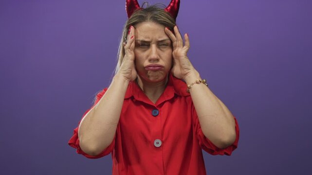 Woman with blonde hair wearing a red shirt and devil horns holds temples in a purple studio room; stress.