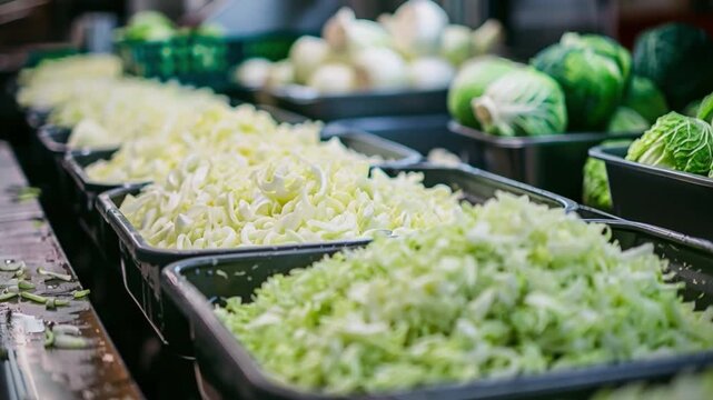 Freshly shredded cabbage and whole vegetables artfully arranged in colorful containers at bustling market stall entice shoppers to sample local farmer's vibrant greens and diverse produce on display