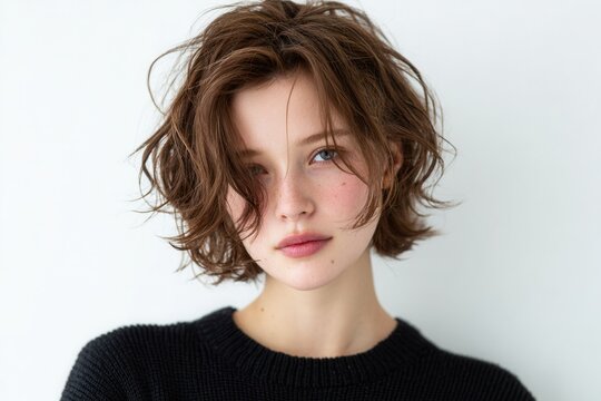 하얀색 배경 앞에서 검은색 니트 스웨터를 입고 자연스러운 웨이브가 들어간 갈색 숏컷 헤어스타일을 뽐내며 정면을 응시하고 있는 매력적이고 우아한 분위기의 젊은 여성 인물 초상화 이미지.