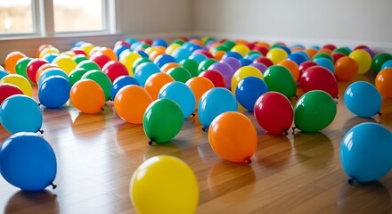 Colorful Balloons Scattered on Wooden Floor in Bright Room.