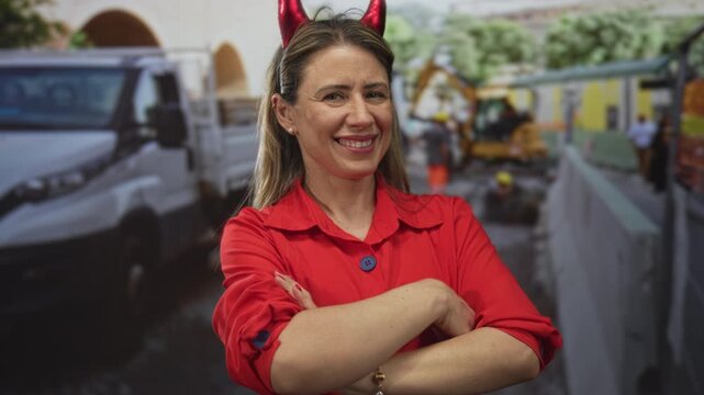 Woman in devil horns headband and red shirt smiling with arms crossed on street; confidence optimism.