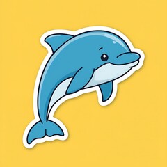 Fototapeta premium A cheerful cartoon dolphin playfully leaps from the water isolated on yellow