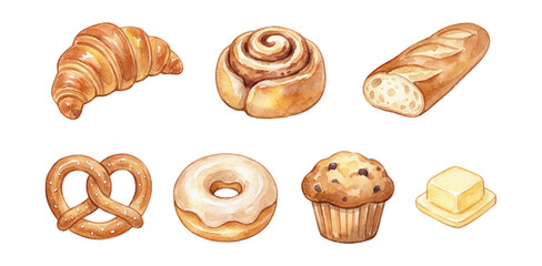 Watercolor bakery treats assortment .