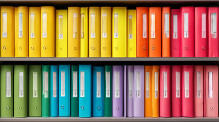 Fototapeta premium Neatly organized rows of colorful ring binders on two shelves, showcasing a spectrum of vibrant colors for office organization