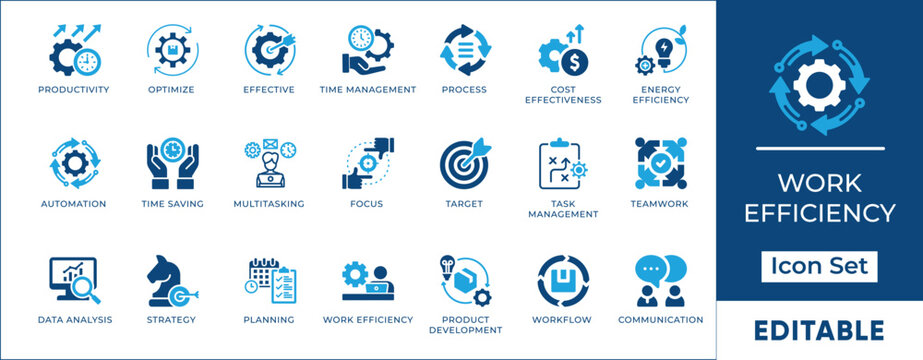 Business operation and work efficiency icon set. Cost optimization, energy efficiency, workflow automation and multitasking vector symbols.