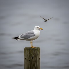 Seagull Perched on Wooden Post with Another Bird Flying Above.