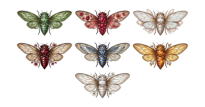Botanical jeweled cicadas illustrations set.