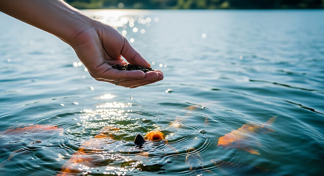 Hand feeding small fish in a clear lake with ripples and sunlight reflecting on the water