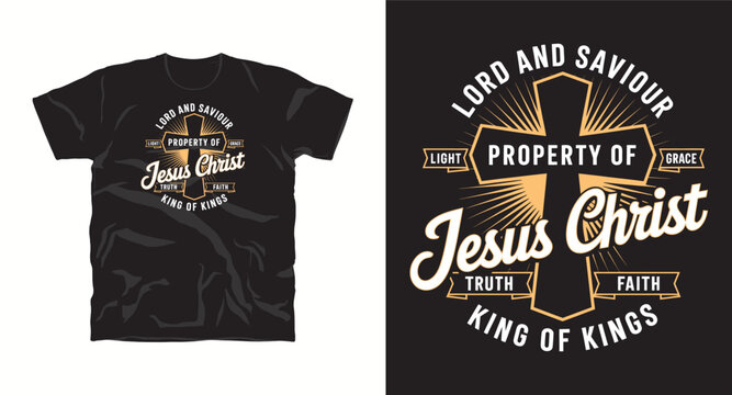Lord and saviour property of Jesus Christ king of kings t-shirt design with cross and light rays