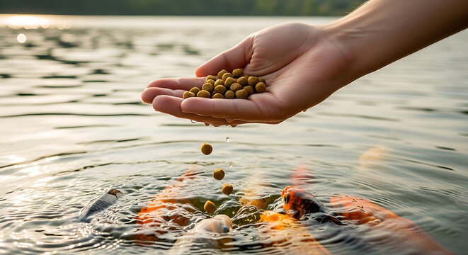Feeding koi fish in pond with pellets from hand, close-up on water surface with ripples