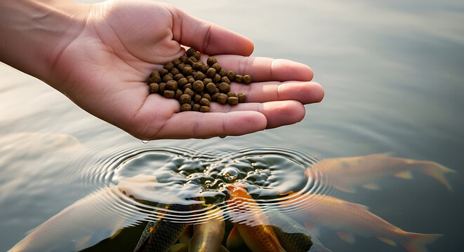 Nourishing the aquatic life a human hand feeding small pellets to colorful koi fish in clear pond water