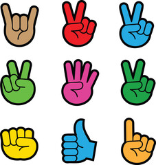 Fototapeta premium Collection of colorful hand gesture icons featuring peace signs, thumbs up, and rock on