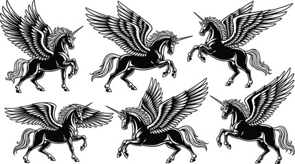 Fototapeta premium WebSet of majestic black and white winged unicorn silhouettes with large feathers, mythical pegasus creatures in dynamic flying and galloping poses