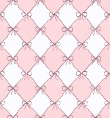 Pink watercolour hand-drawn rhombus seamless pattern with ribbons. Baby seamless pattern. 