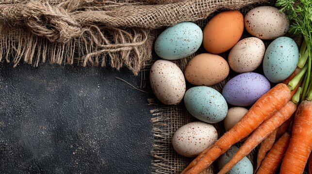 A vibrant arrangement of colorful eggs and fresh carrots on a rustic burlap background with a chalkboard