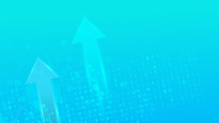 Fototapeta premium Abstract technology background with glowing arrows pointing up, symbolizing growth and success. Digital binary code illustrates data transfer and progress.