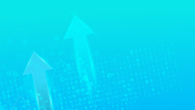 Abstract technology background with glowing arrows pointing up, symbolizing growth and success. Digital binary code illustrates data transfer and progress.