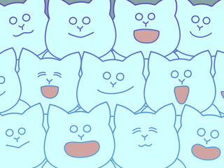 たくさんの猫が集まって楽しそうにしているイラスト　背景・ポスター・壁紙　水色