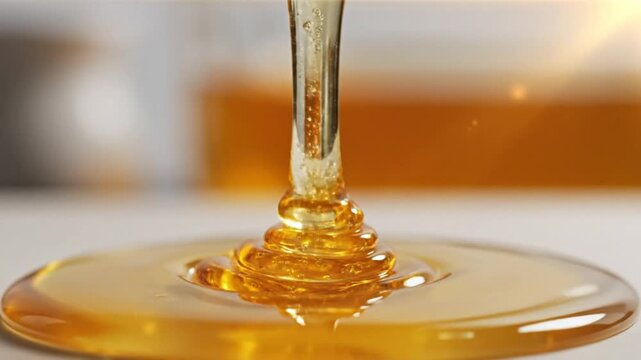 Close-up of golden honey slowly dripping and pooling onto a white surface in a mesmerizing pattern.