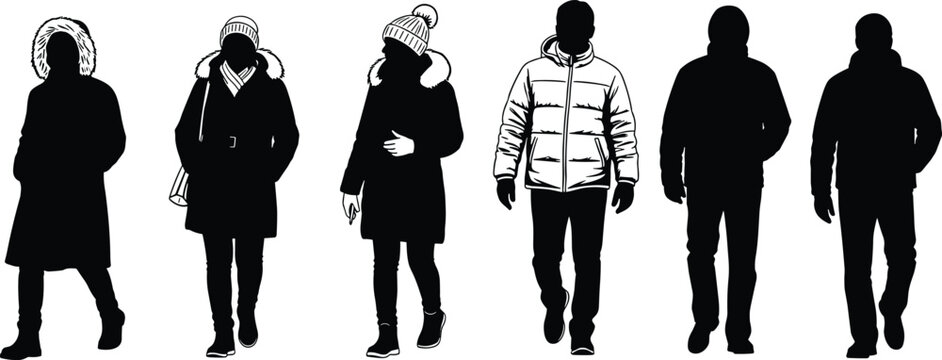 Black silhouette collection of men and women wearing winter coats and hats isolated on white background for seasonal fashion and outdoor concepts