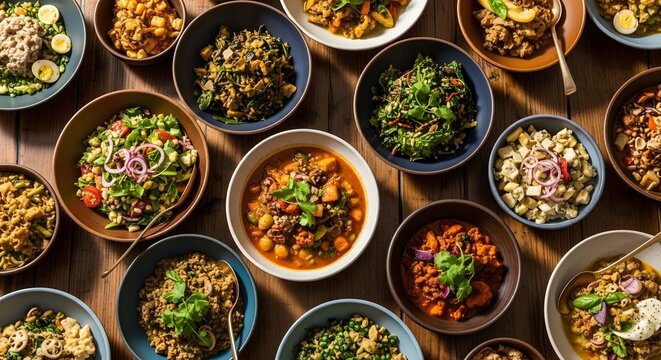 Vibrant assortment of global cuisine dishes in bowls on a table