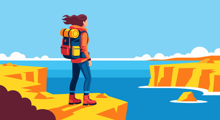 A lone hiker stands on a cliff overlooking the ocean from a high vantage point in a graphic illustration. © TakKO01