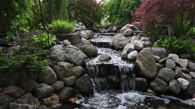 Small garden waterfall with stones and ornamental plants in Ornamental Gardens in Ottawa, Canada