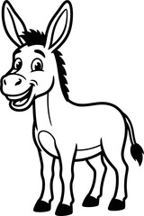 Fototapeta premium Cute Cartoon Donkey Smiling, Funny Farm Animal Character Illustration, Happy Mule Line Art, Monochrome Kids Coloring Design
