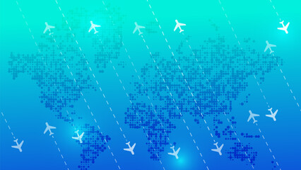 A vector illustration of a dotted world map with airplanes flying across it. Concept for global travel, international business, aviation, and logistics. © JustPrint