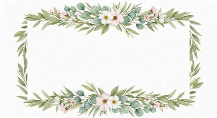 Floral Frame with Greenery and Blossoms in Watercolor Style with Soft Pastel Colors on White Background for Wedding Invitation